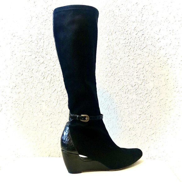 DONALD J PLINER COUTURE Italy Y2K Black Suede Boots Croc Leather Wedge Heel 7.5 - Picture 1 of 8
